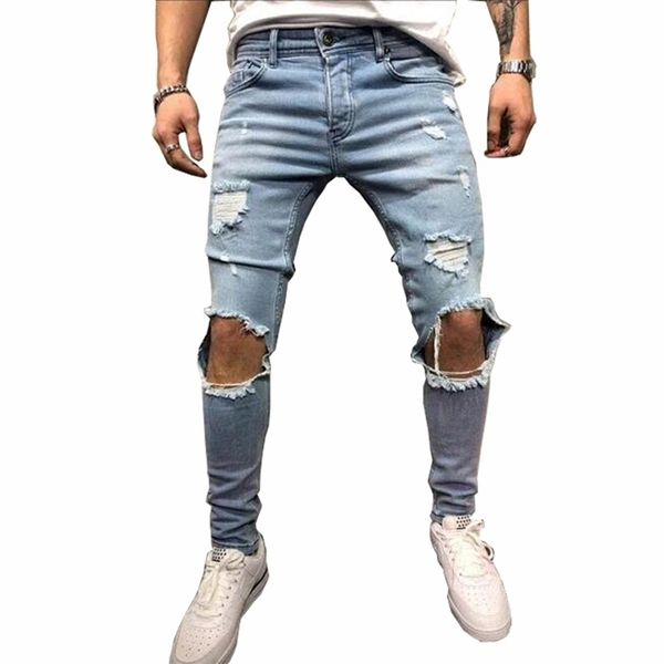 Moda streetwear jeans da uomo vintage blu grigio colore skinny distrutto strappato pantaloni punk rotti homme hip hop uomo 211108