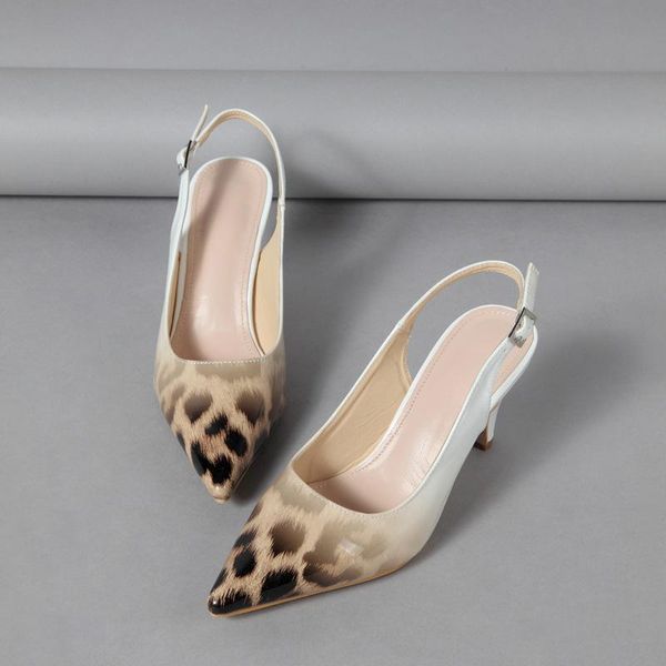 

sandals 2021 style women's leopard print gradient color european and american pointed toe mid-heels ankle buckles shoes, Black