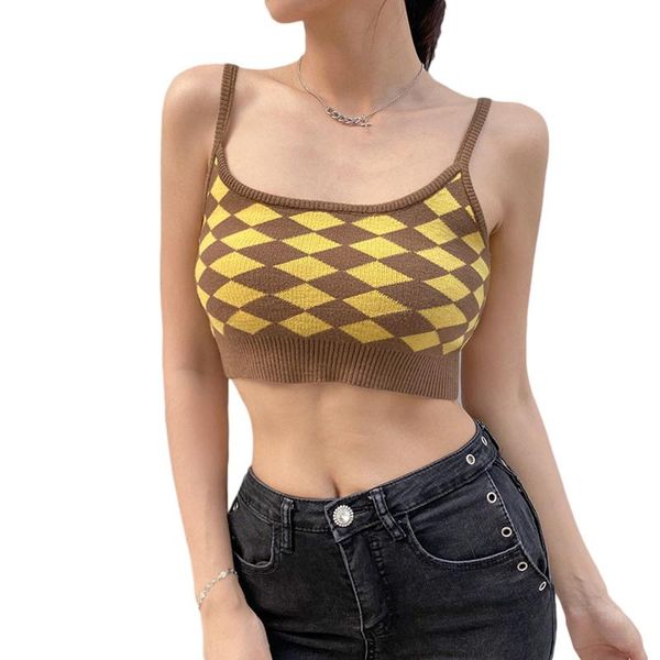 

women's tanks & camis hirigin 2021 women casual sleeveless crop yellow plaid printed pattern u-shaped collar camisole fashion, White
