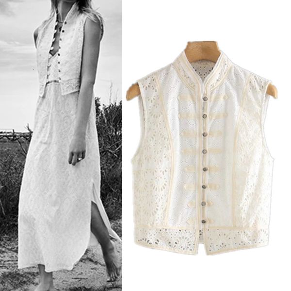 

New Top Women Contrast Cutwork Embroidery Vest Fashion O-neck Front Metal Button Female Street Sleeveless Vests Lomc 6N4Z, White