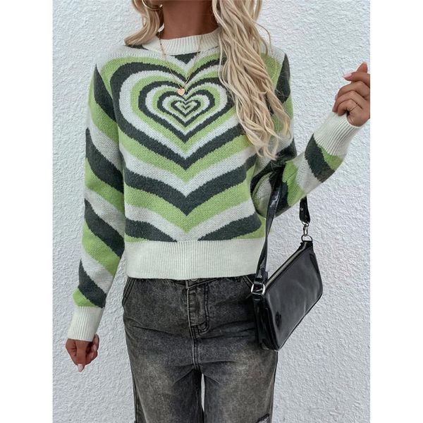 

women's sweaters aesthetics heart striped sweater women knitted pullovers round neck long sleeve girls sweet jumper autumn streetwear, White;black