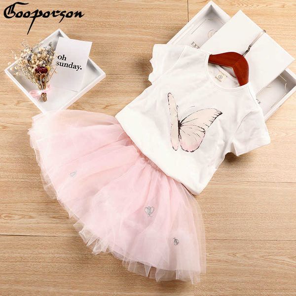 

girls clothes set 100% cotton butterfly shirt + embroidery tutu skirt pomp dress summer clothing set outfit children clothes 210715, White