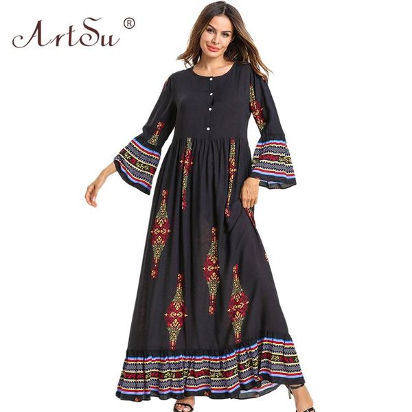 

casual dresses women black plus size dress button up flare sleeve vintage ethnic print maxi loose boho long robe femme 2021, Black;gray