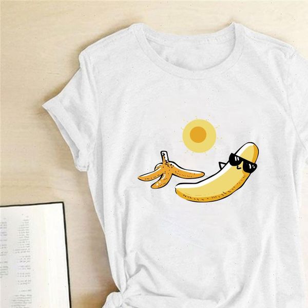 

sunbathing banana printed funny t shirts women summer tshirt woman funny cute graphic tee for ladies ropa mujer verano, White