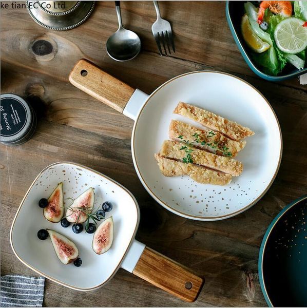 

ccreative ceramic wooden handle bowl nordic painted wooden handle art salad bowl japanese style tableware for one