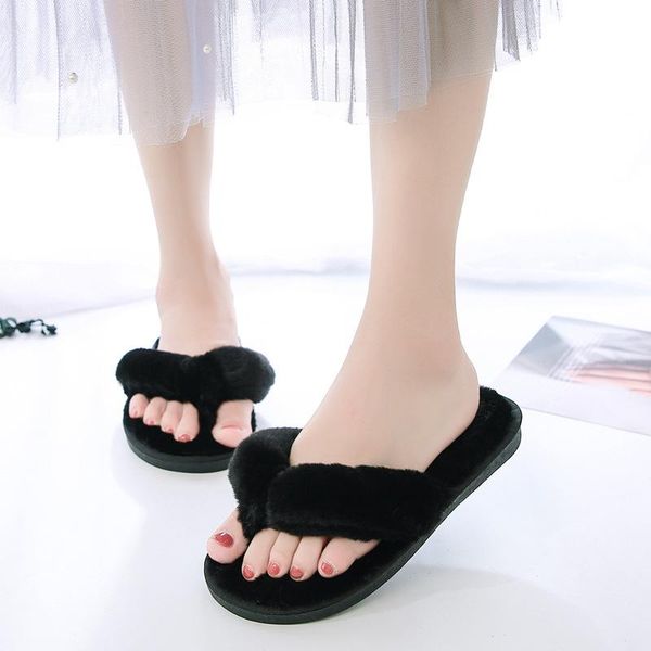 

slippers women's slippers, flat-bottomed simple and comfortable furry warm fluffy faux fur fashion shoes, Black