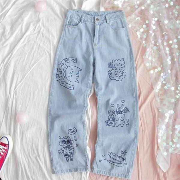 Harajuku Fashion Cotton Women Denim Jeans Vita alta Pantaloni dritti arricciati Sweet Cute Puppy Ricamo Ragazza Pantaloni 210708