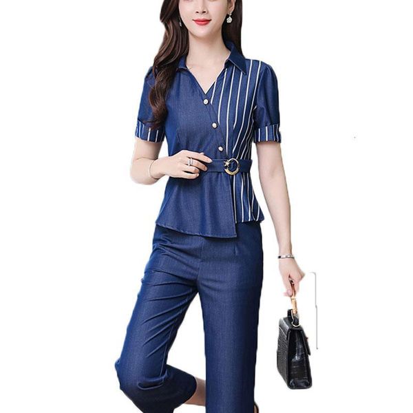 

summer new korean fashion women suit pants v neck blouse & wide-legged pants two-piece clothing set outfit office -xxl, Gray