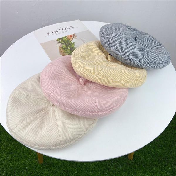 

berets women's hat autumn and winter warm painter cap korean striped octagonal pumpkin student beret gorras, Blue;gray