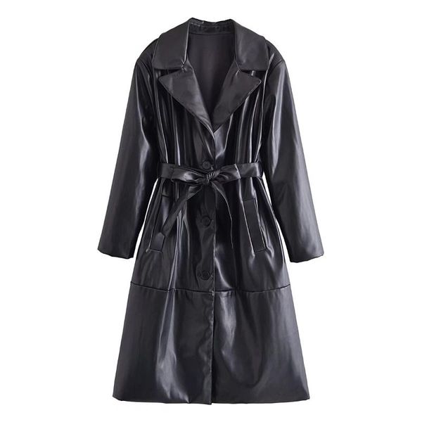 

women's trench coats sherouse women fashion with belt pu black single breasted long coat vintage sleeve notched neck female winter warm, Tan;black