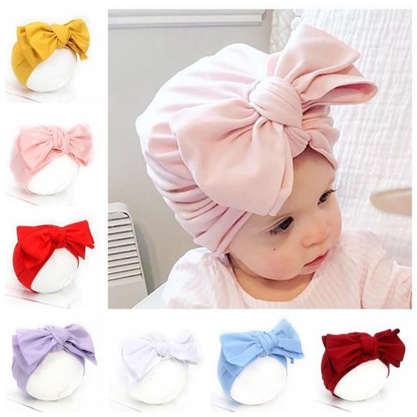 

vintage soft baby girls solid bowknot turban hat newborn big bows beanies children hair accessories1