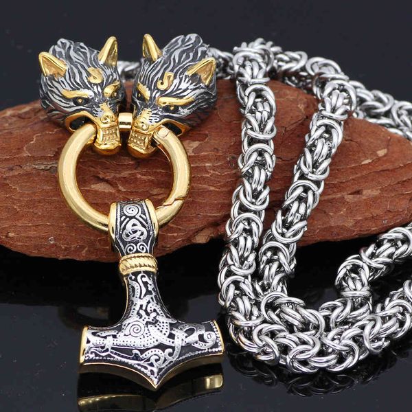 

popular new men's necklace viking wolf head stainless steel ornament, Silver