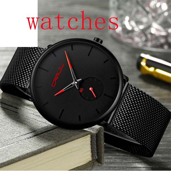 

2022NEW Crrju men Top Brand Quartz watch Casual quartz-watch stainless steel Mesh strap ultra thin clock male Relog, Black