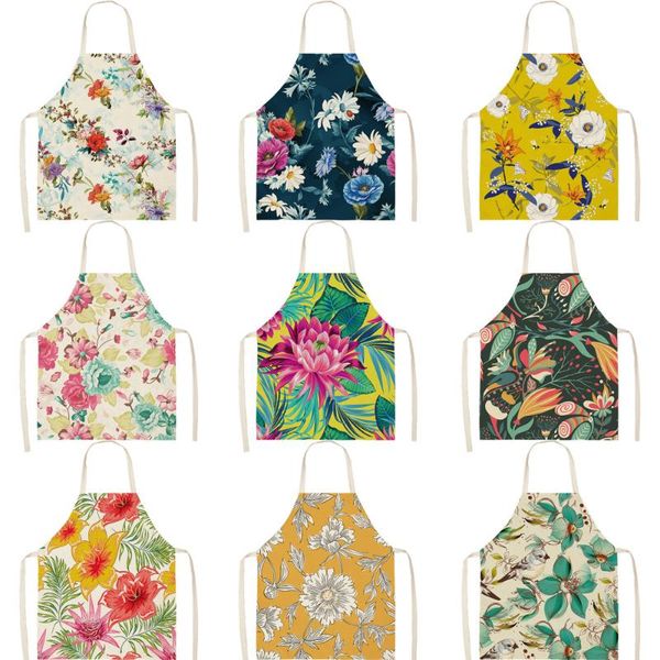 

aprons flower pattern kitchen apron for woman sleeveless cotton linen cleaning home cooking baking bibs delantal cocina mujer