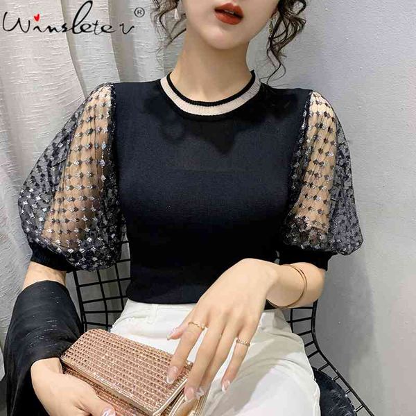 

women's t-shirt summer korean clothes thin knit t-shirt transparent women casual puff short sleeve shiny elastic tees t1, White