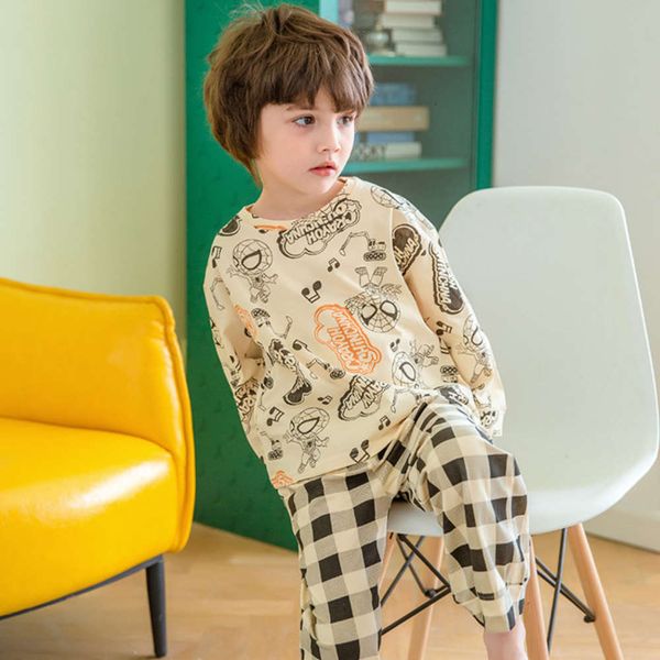 

children's pajamas 2021 spring and autumn leisure home wear boys' long sleeve thin air conditioning baby suit, Blue;red