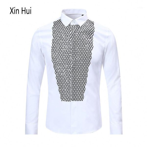 

men's shirt style front sequin embroidery trendy fashion slim long-sleeved casual shirts, White;black