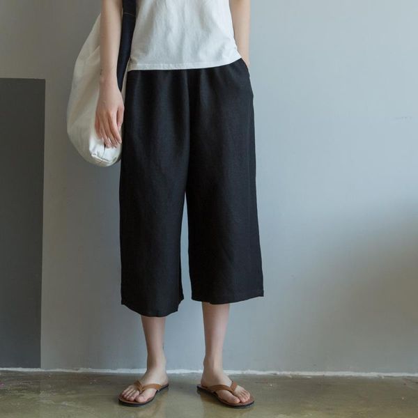 

women's pants & capris johnature loose linen vintage style pockets wide leg 2021 summer elastic waist solid color calf-length women, Black;white