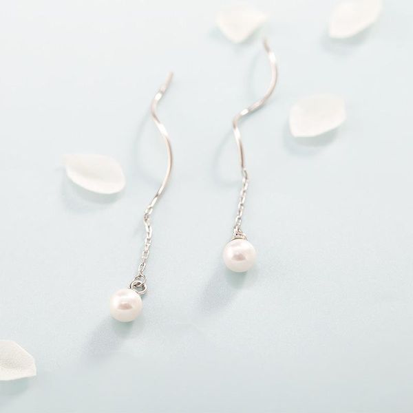 

stud fashion delicate simple pearl bead earrings s925 silver long tassel ear jewelry wave, Golden;silver