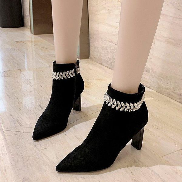 

boots short women's rhinestone beaded fashion high-heeled black plus velvet warm pointed wild