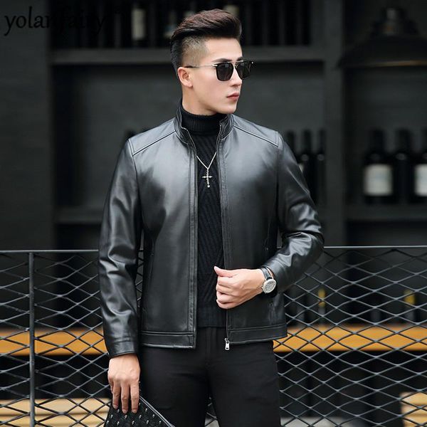

men's leather & faux spring autumn real jacket men short casual genuine sheepskin coat chaqueta cuero hombre 18017 pph414, Black