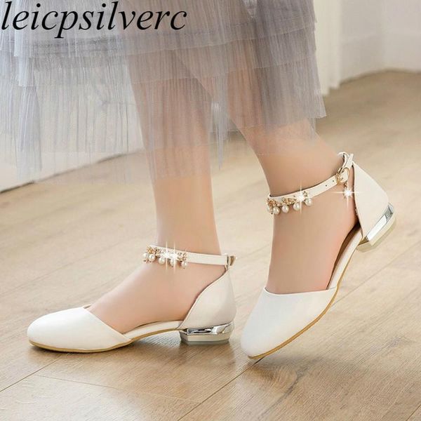 

sandals women's low heels pu round toe thick crystal buckle string bead 2021 fashion casual spring summer white, Black
