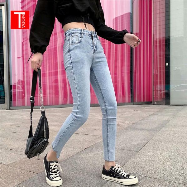 

women's jeans tmoda478 2021 summer denim thin section high waist pencil pants slim was tall tight skinny light, Blue