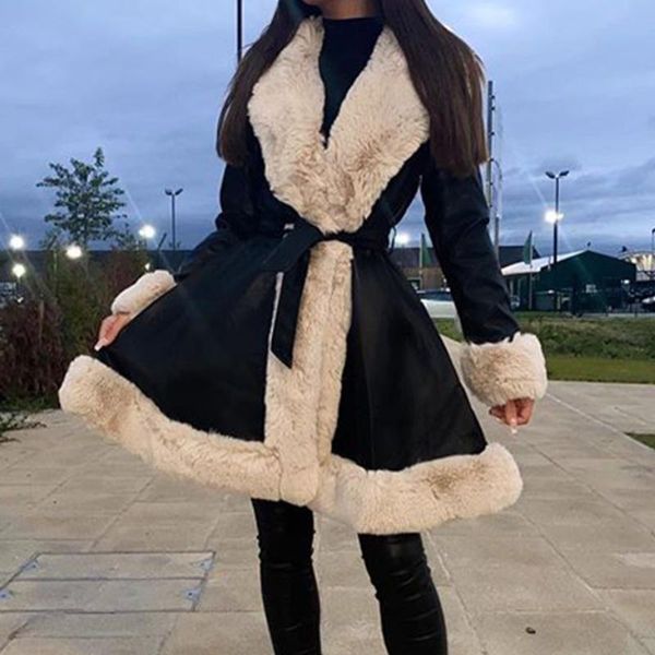 

women's leather & faux women fashion pu tie belt waist long coats 2021 side pockets jackets elegant solid fur jacket female overcoat la, Black