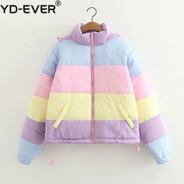 

women's jackets lazy pastel puffer jacket with hood warm padded coat women winter rainbow bomber harajuku *, Black;brown