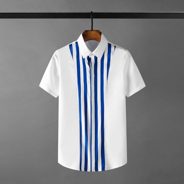 

men's casual shirts placket stripes male shrits luxury short sleeve patchwork party mens dress fashion slim fit man 4xl, White;black