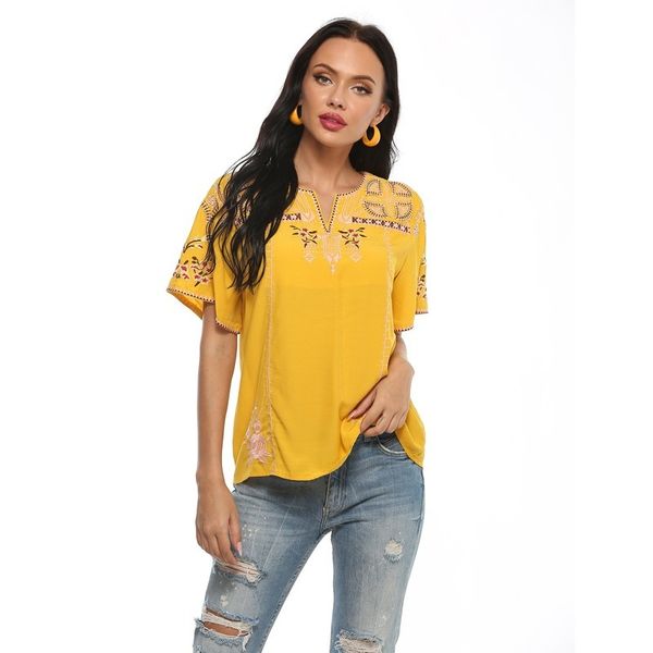 

2021 cotton shirts summer european and american v-neck pullover embroidered floral casual shirt office lady women's 6gx8, White