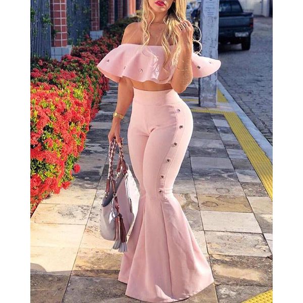 

women's tracksuits women two piece outfits off shoulder ruffle crop and flare pants 2 set summer 2021 tracksuit club festival, Gray