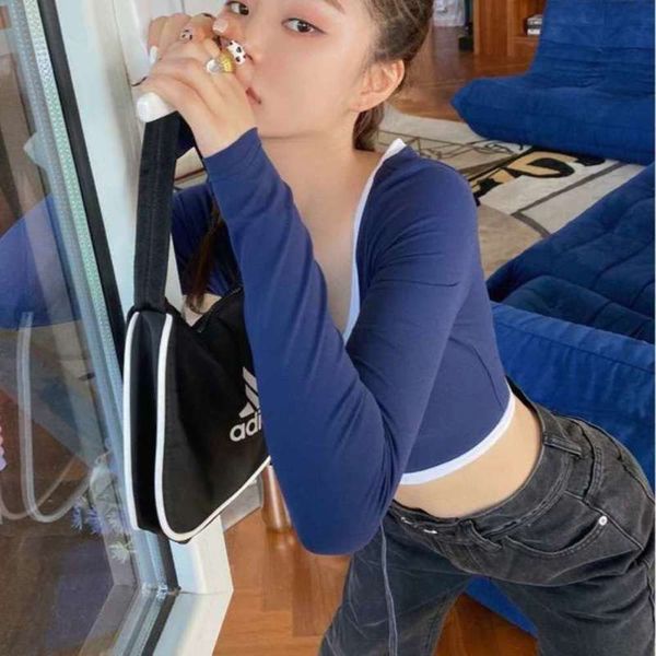 

navel open high waisted women's u-neck short fall / winter 2021 new style long sleeve slim bottoming t-shirt t-shirt, Black;brown