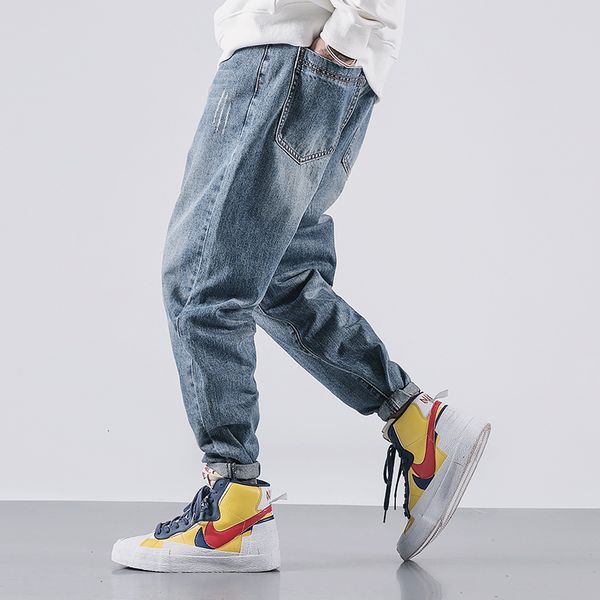 

2021 new japanese vintage fashion retro blue loose fit ripped denim harem pants streetwear hip hop wide leg designer jeans men m9lb