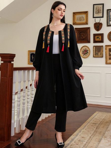

plus floral print tassel kimono d7uq#, Black