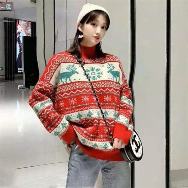

women's sweaters winter 2021 lazy hong kong style retro loose jacket female half high neck pullover christmas deer sweate women, White;black