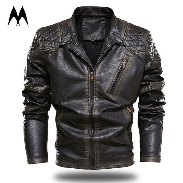 

men's fur & faux winter men leather jacket motorcycle 2021 thick coat argyle patchwork clothing, Black