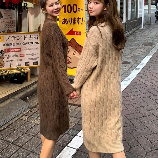 

casual dresses autumn winter high elastic twist knitted dress women oversize warm elegant lady midi one-piece korean sweater, Black;gray