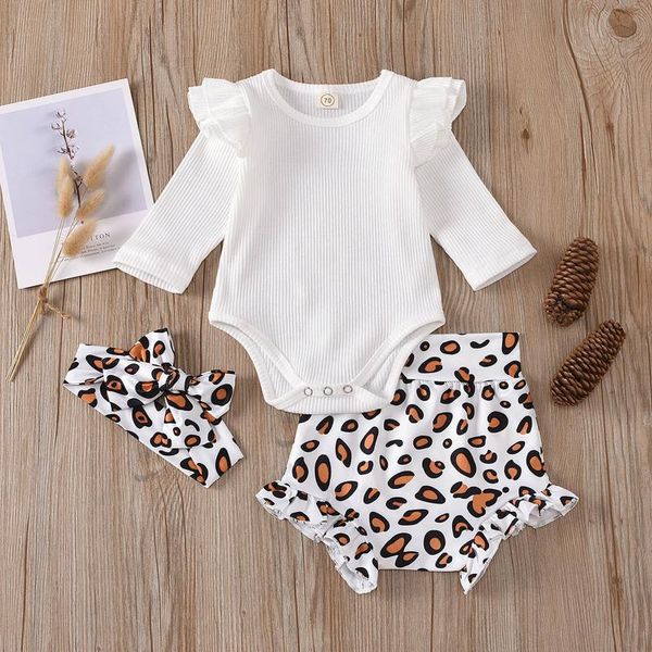 

clothing sets baby girl clothes set toddler flying sleeve romper + leopard print shorts headband suit born, White