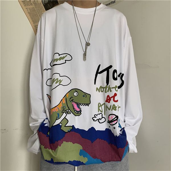 

2021 new white long sleeved men dinosaur t-shirt student korean cartoon clothes trendy high street male 7ksx, White;black