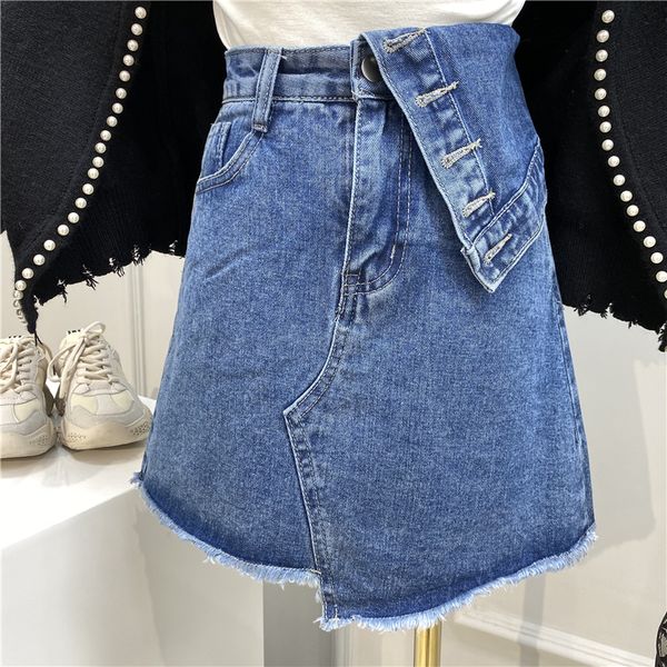 

irregular hem desolated denim 2021 out of summer women get short skirts belt high blue jeans femme x22q, Black
