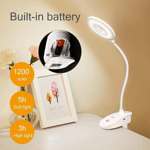 

dimmable usb rechargeable led clip-on desk lamp bed reading table study light