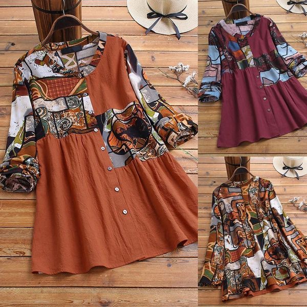 

womens casual cap sleeve splice print button long sleeve linen plus size tanic blouse elegant o neck blouse femininas camisas 45, White