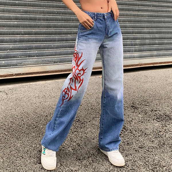 

2021 new summer womens jeans loose retro print wide leg denim trousers street 90s aesthetic korean version of low waist overalls, Black;white