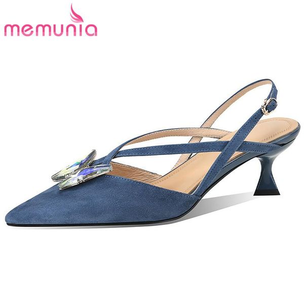 

memunia 2021 suede leather sandals women shoes pointed toe crystal buckle elegant party shoes women sandals, Black