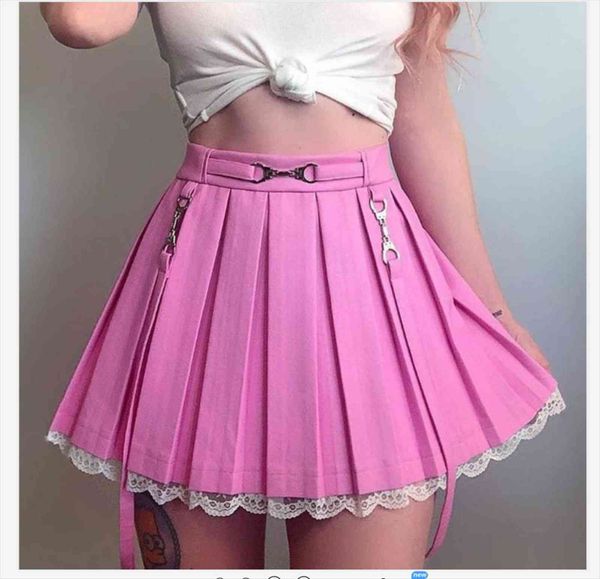 

fashion casual mini pleated punk womens skirt style high waist solid color trim short bottoms with clasp straps black pink