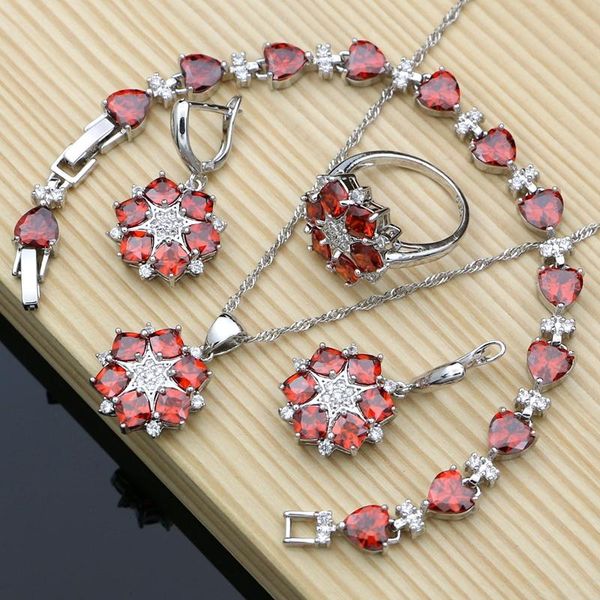 

wedding jewelry sets cutely costume kits natural 925 silver red cz birthstone charm fashion for women and gifts, Slivery;golden