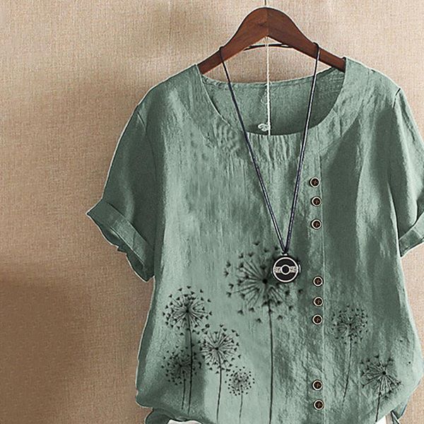 

2021 blouse women flower print vintage linen blouse female button shirts short sleeve summer blusas kaftan oversized shirt, White