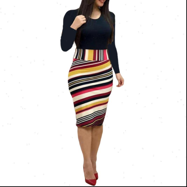 

women striped print long sleeve pencil dress spring autumn o neck casual bodycon package hip midi party dress plus size 5xl, Black;gray