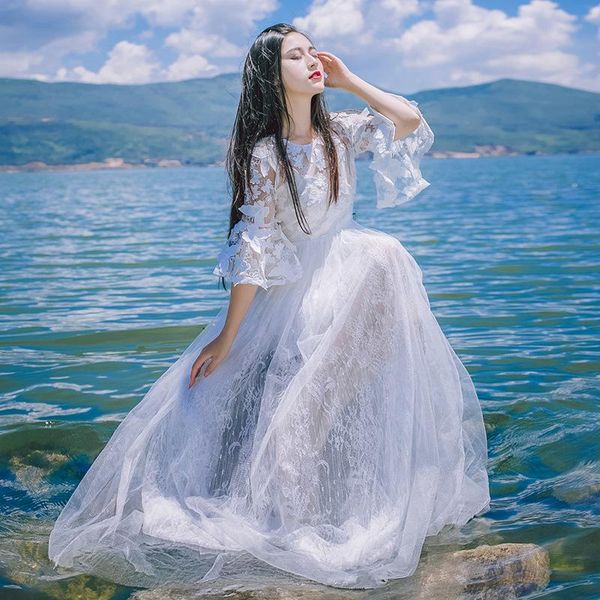 

casual dresses bohemian style white fairy princess butterfly embroidered flare sleeve floor length maxi for women summer beach dress, Black;gray